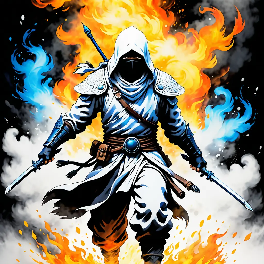 White Assassin emerging from a firey fog of battle, ink splash, Highly Detailed, Vibrant Colors, Ink Art, Fantasy, Dark by Studio Ghibli