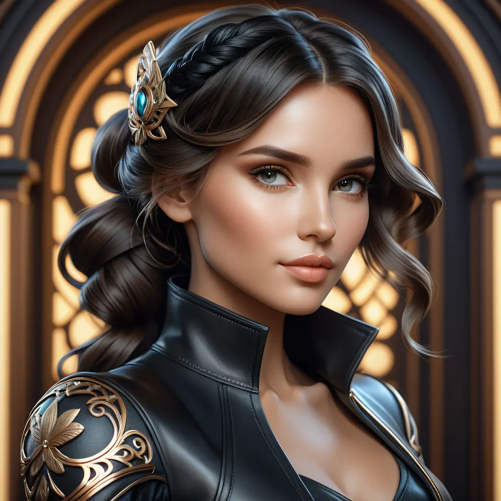 Alluring matte portrait of a beautiful Quinn in black leather, 8k, Highly Detailed, Intricate, Half Body, Realistic, Sharp Focus, Volumetric Lighting, Fantasy, Elegant by Stanley Artgerm Lau, Alphonse Mucha, WLOP, Stefan Kostic