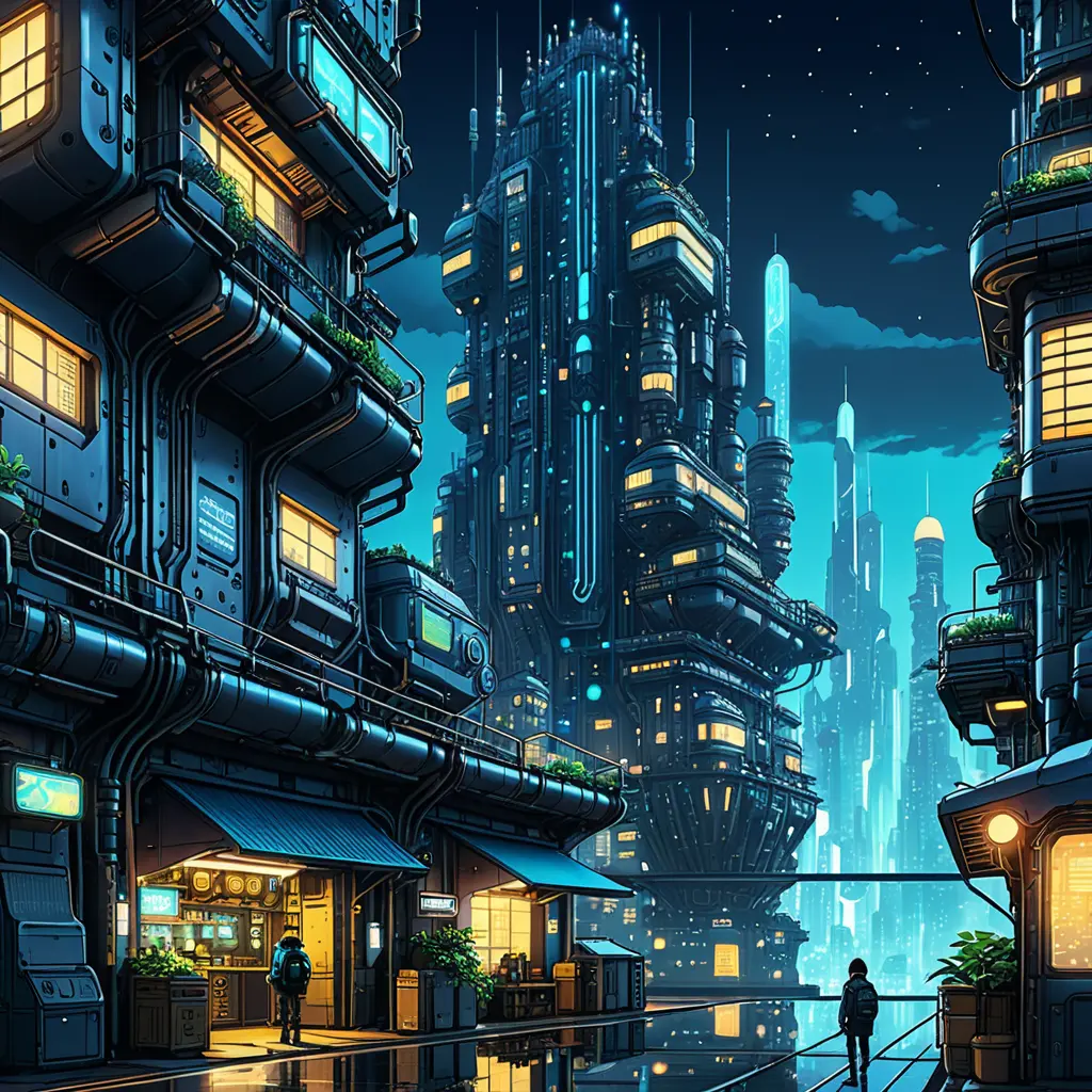 Detailed illustration of a cyberpunk Beneath a Steel Sky city at night, 8k, Intricate Details, Trending on Artstation, Epic, Comic, Sharp Focus, Deviantart, Beautifully Lit by Studio Ghibli