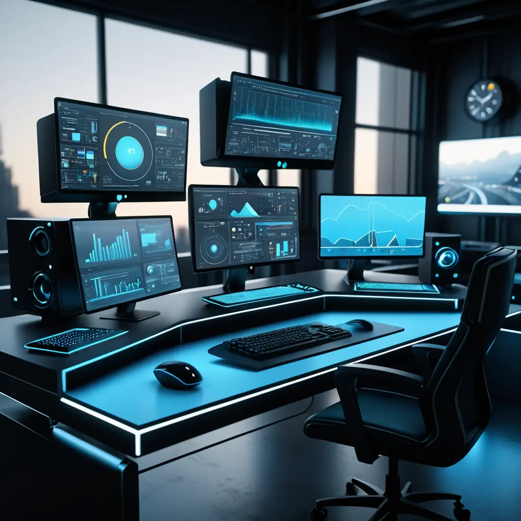 A dark industrial desk from the future with many monitors, Photo Realistic, Volumetric light effect, Octane Render, Unreal Engine, Ambient Occlusion, Maximalism, Industrial by Beeple