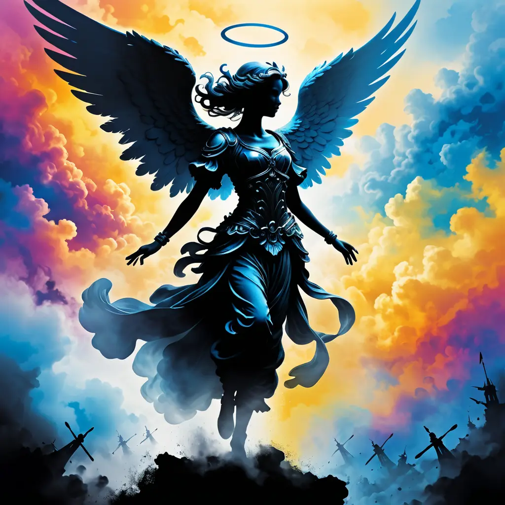 Silhouette of an Angel emerging from the fog of war, ink splash, Highly Detailed, Vibrant Colors, Ink Art, Fantasy, Dark by Stanley Artgerm Lau