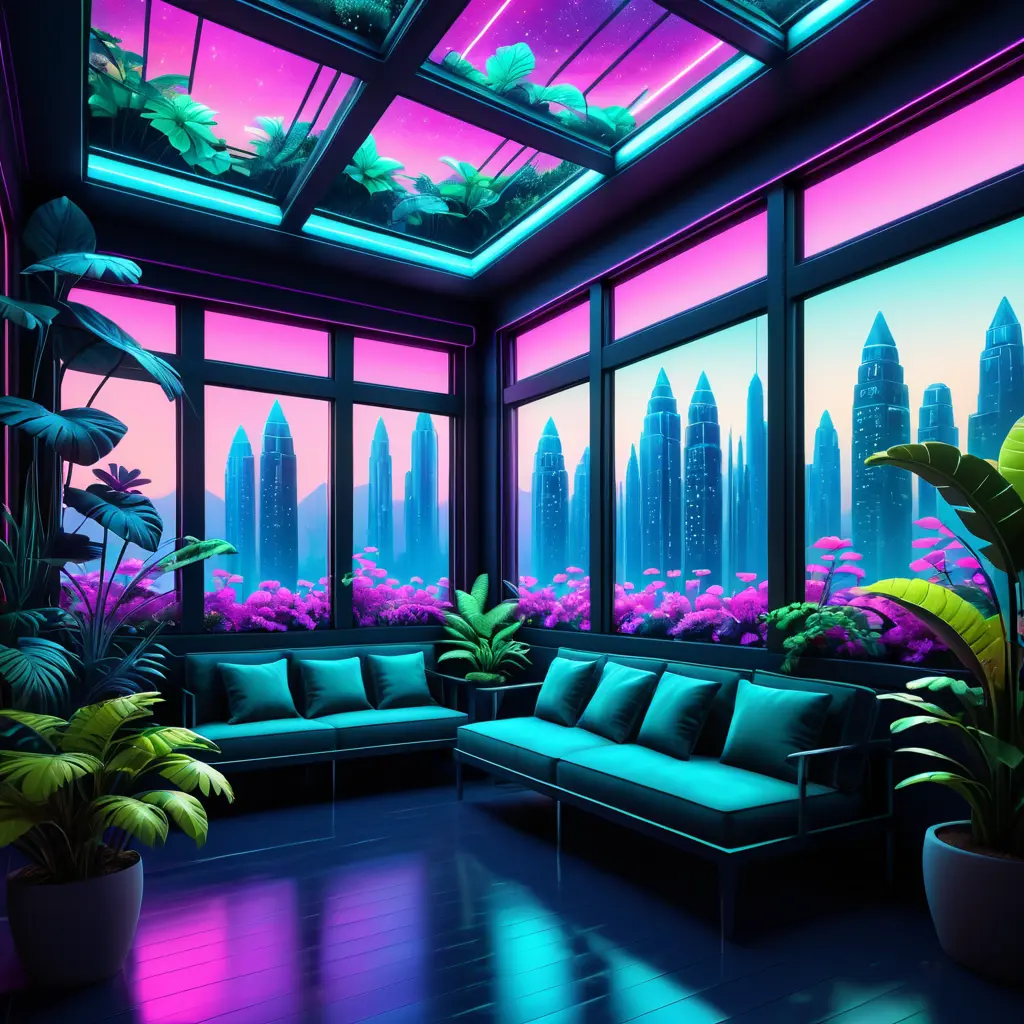 A beautiful render of city sunroom by georgia o'keeffe, galactic alien synthwave rainforest noir thermal imaging myst uv light, flowers, Highly Detailed, Digital Painting, Cinematic Lighting, Neon, Concept Art