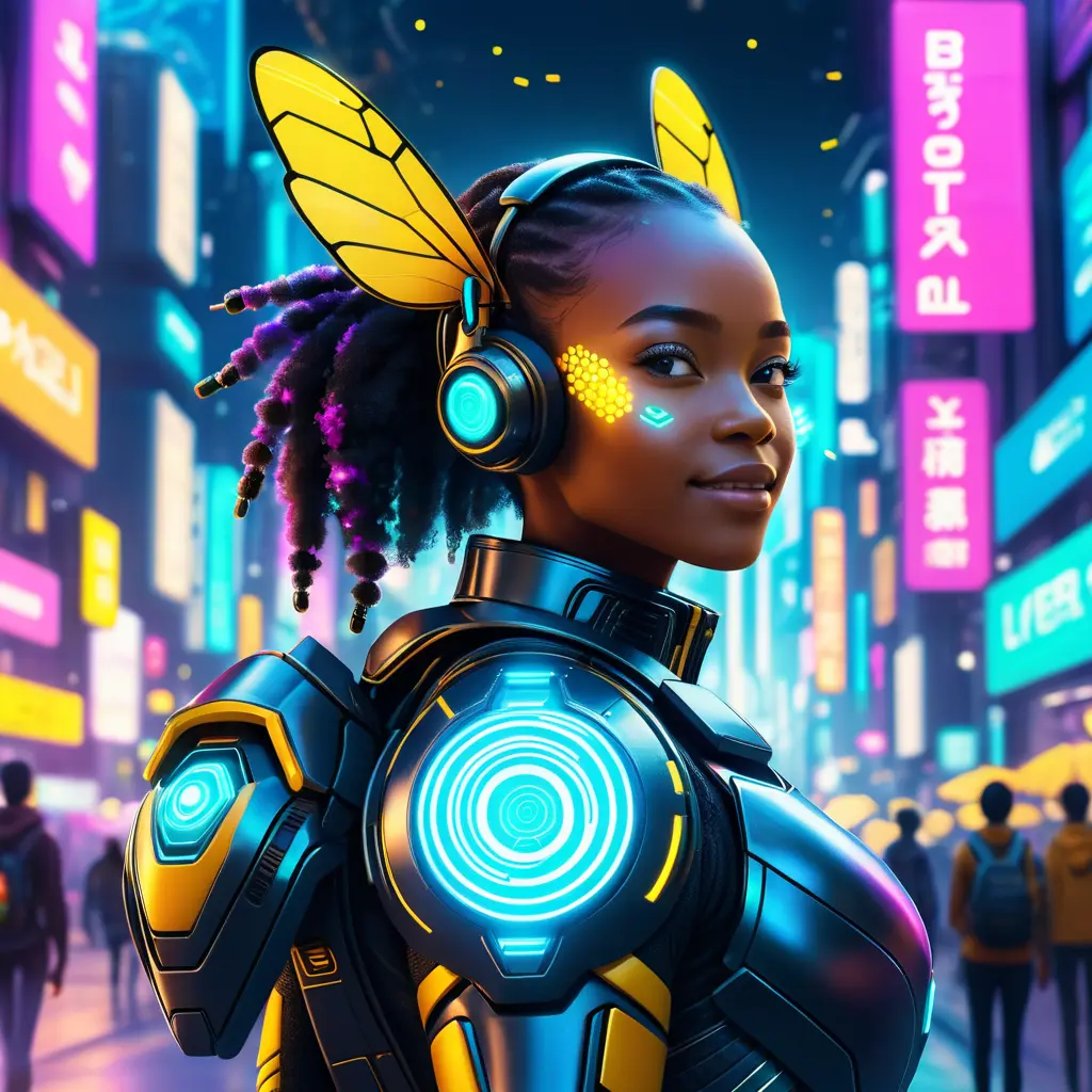 A Cyberpunk half bee and half Human girl with vizor, Afrofuturism, Cybernatic and Sci-Fi, Cityscape, Bloom light effect, Colorful, Ecstatic, Exciting, Joyful