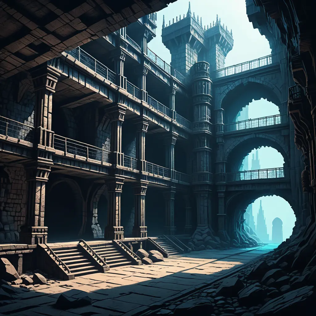 Hyper Detailed illustration of an eerie dystopian underground dungeon, 8k, Gothic and Fantasy, Horror, Epic, Sharp Focus, Deviantart by Alena Aenami