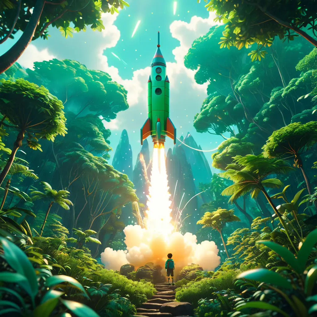 Studio ghibli, rocket explosion, jungle, solar, green technology, optimist future, 8k, Bokeh effect, Cinematic Lighting, Octane Render, Iridescence, Vibrant by Beeple, Asher Brown Durand, Dan Mumford, Greg Rutkowski, WLOP