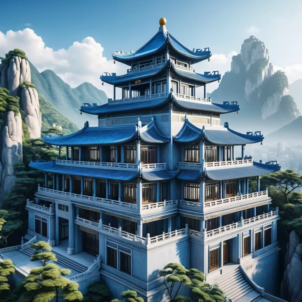 A gorgeous Chinese - style high - rise villa stands in the valley, luxurious majestic silver - grey blue antique palace, 8k, HD, High Definition, Trending on Artstation, Soft Lighting