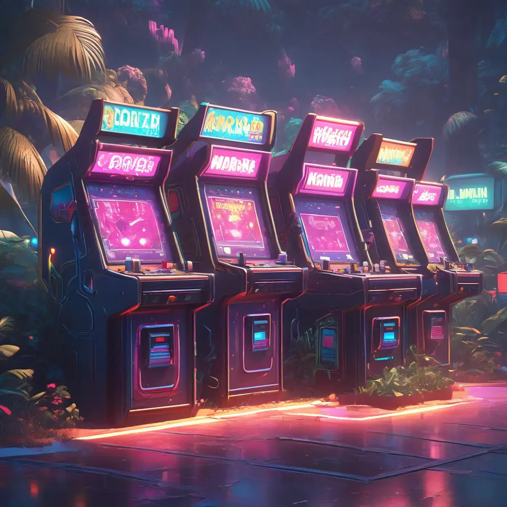 80s futuristic outdoor retro arcade, desolate, lush vegetation, Highly Detailed, Intricate, Artstation, Sharp Focus, Smooth, Octane Render, Centered, Dynamic, Elegant by Beeple, Justin Gerard, James Gilleard, Simon Stalenhag