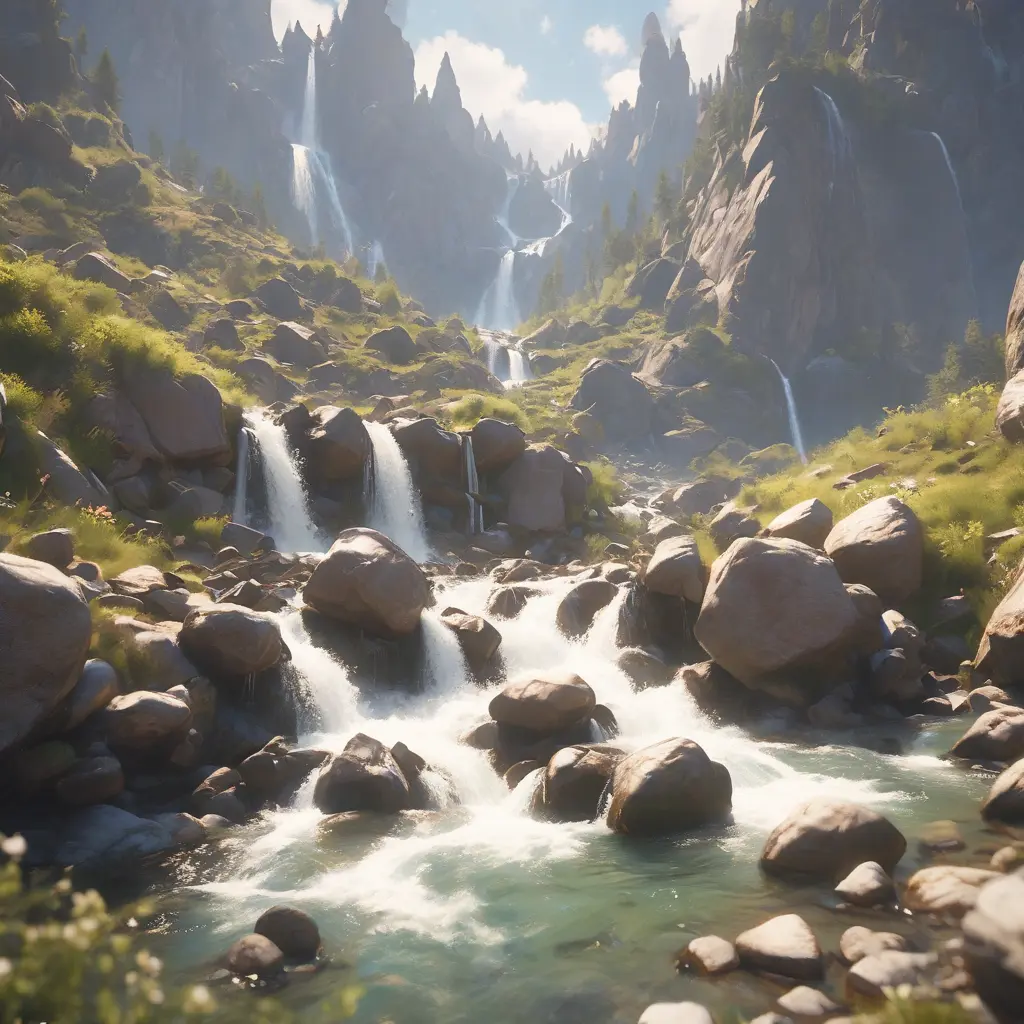 Lake in mountains streams and rivers flow down slopes of mountains and rocks into the valley spring in mountains, 8k, Award-Winning, Highly Detailed, Beautiful, Octane Render, Unreal Engine, Radiant, Volumetric Lighting by Greg Rutkowski