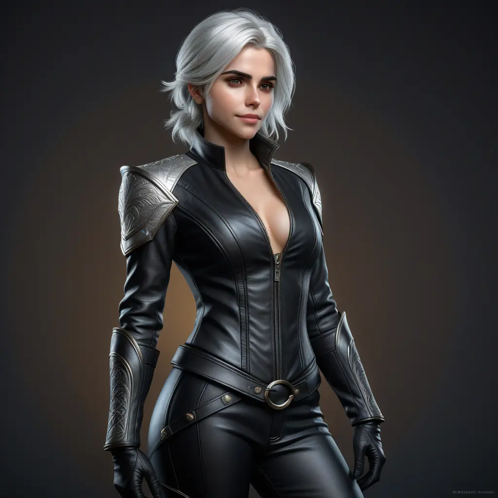 Alluring matte full body portrait of a beautiful Ciri wearing a black leather suit, 8k, Highly Detailed, Intricate, Realistic, Sharp Focus, Volumetric Lighting, Fantasy, Elegant by Stanley Artgerm Lau, WLOP