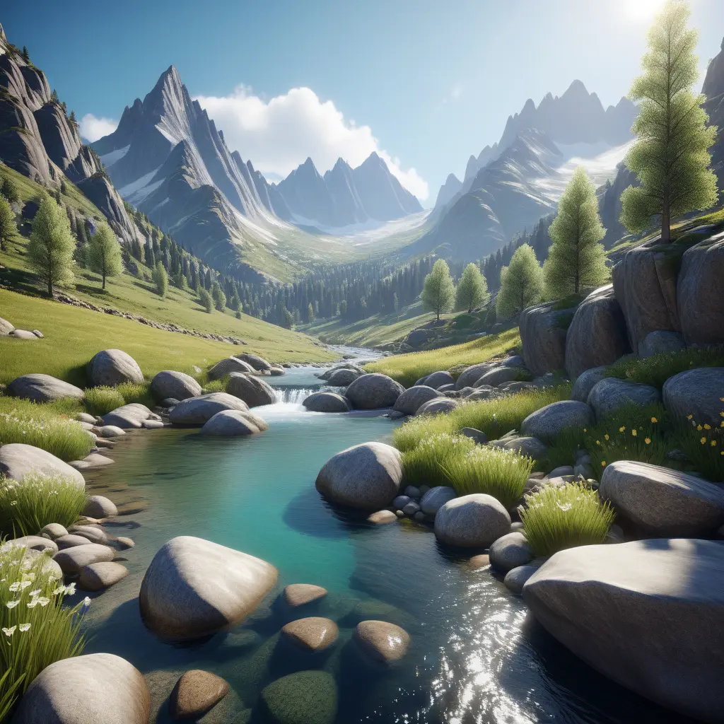 Lake in mountains streams and rivers flow down slopes of mountains and rocks into the valley spring in mountains, 8k, Award-Winning, Highly Detailed, Beautiful, Octane Render, Unreal Engine, Radiant, Volumetric Lighting by Greg Rutkowski