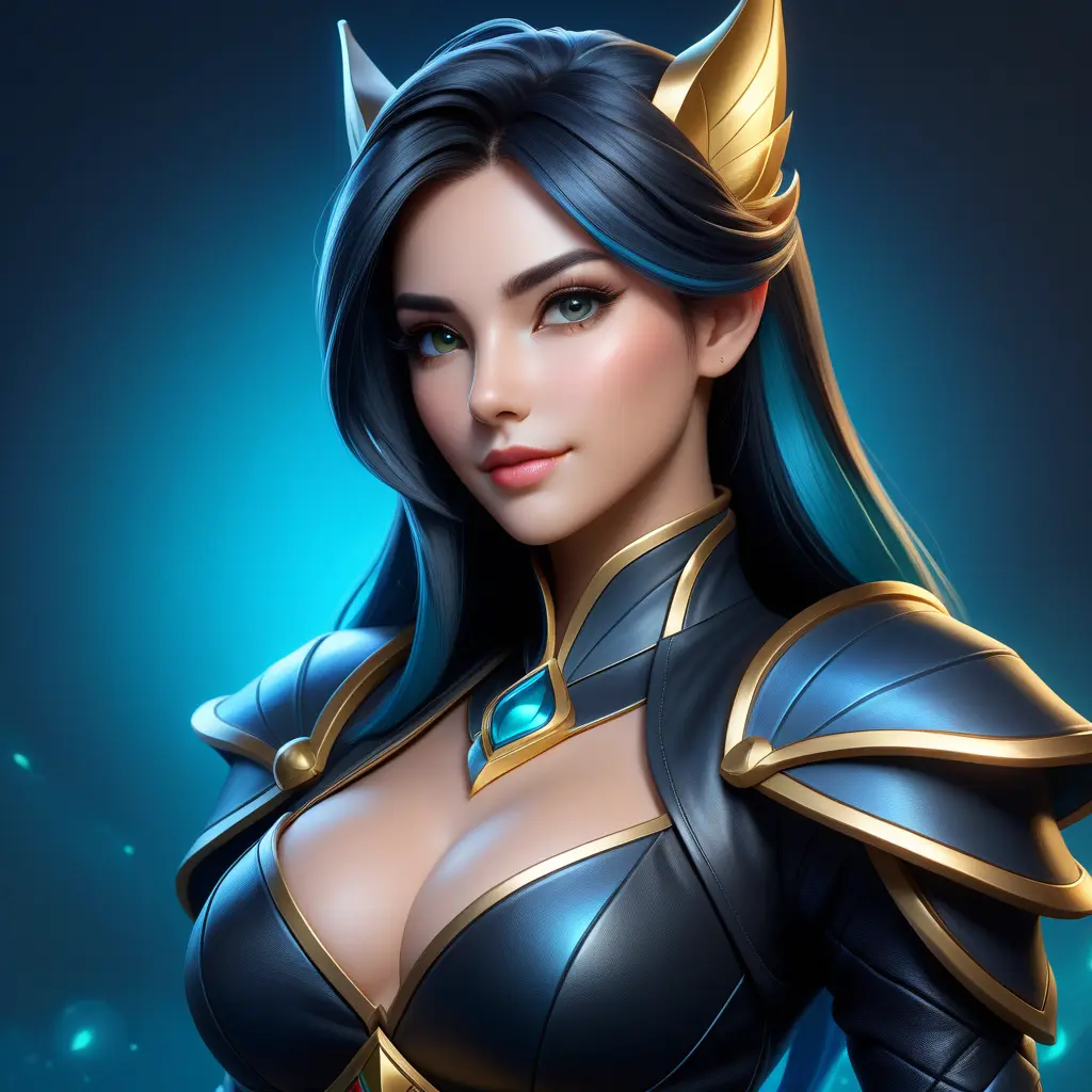 Alluring matte portrait of a beautiful Sona from League of Legends in black leather, 8k, Half Body, Realistic, Volumetric Lighting, Fantasy by Stanley Artgerm Lau, WLOP