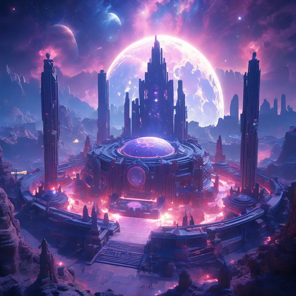 Cosmic round beautiful indigo temple in the center of a futuristic community. Extraterrestrial landscape. Planet sirius. The moon and stars can be seen in the sky even during the day., Sci-Fi, Volumetric Lighting, Vibrant Colors by Greg Rutkowski