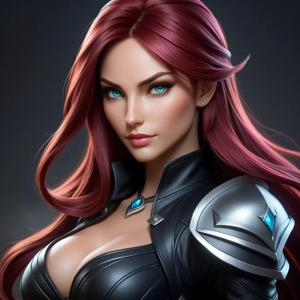 Alluring matte portrait of a beautiful Katarina from League of Legends in black leather, 8k, Half Body, Realistic, Volumetric Lighting, Fantasy by Stanley Artgerm Lau, WLOP