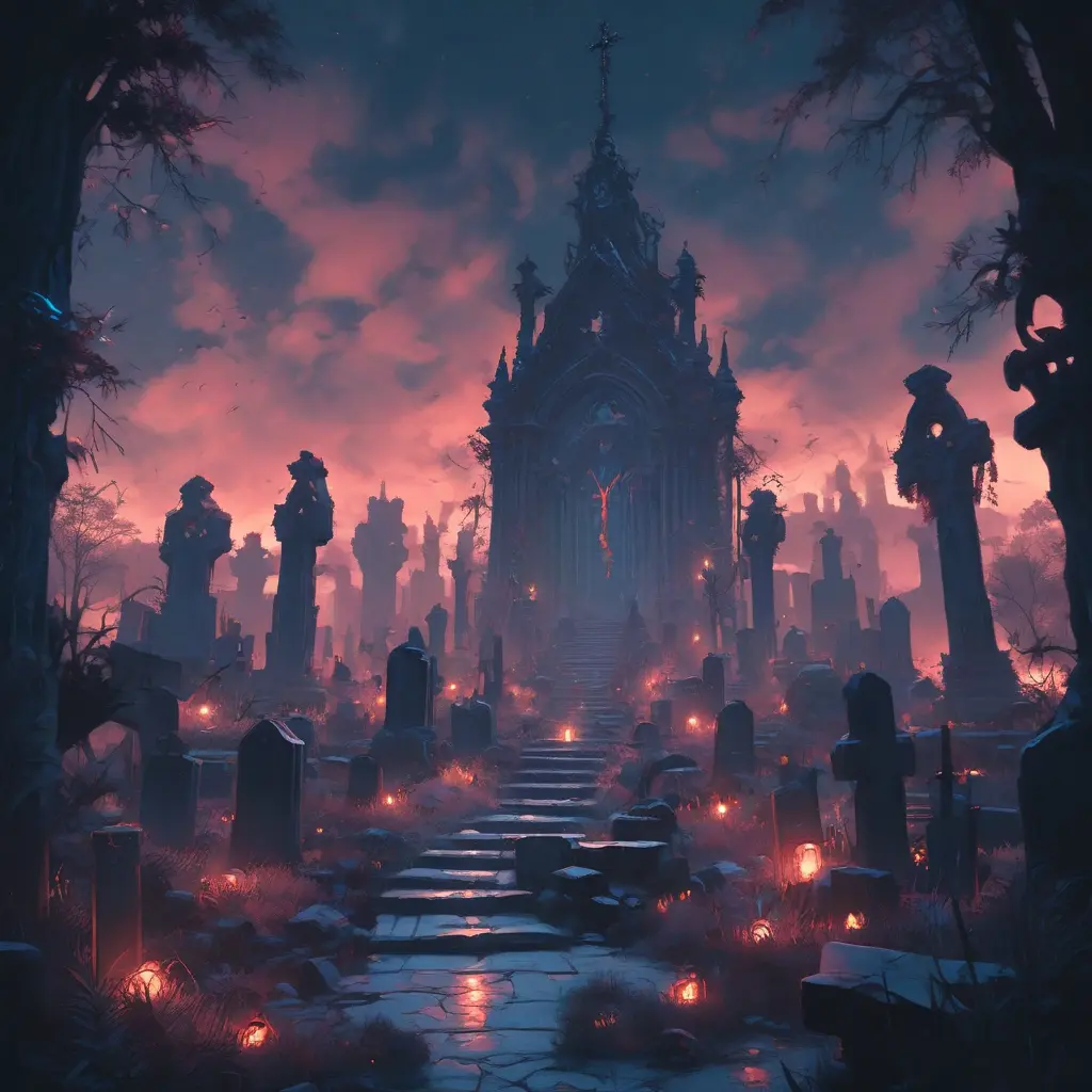 Hyper Detailed illustration of an eerie dystopian graveyard at night, 8k, Gothic and Fantasy, Horror, Epic, Sharp Focus, Deviantart by Alena Aenami, Studio Ghibli