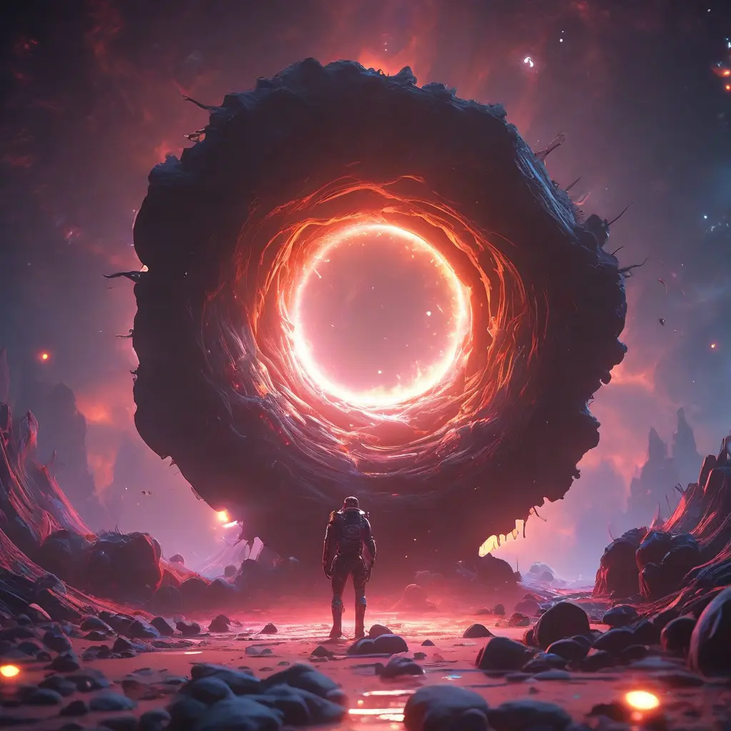 Digital art of Black hole containing strange object astronaut, Sci-Fi, Volumetric Lighting