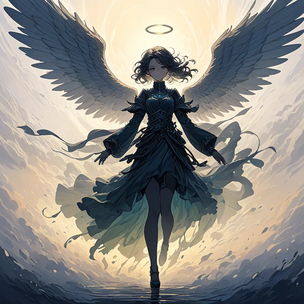 Silhouette of an Angel emerging from the fog of war, ink splash, Highly Detailed, Vibrant Colors, Ink Art, Fantasy, Dark by Stanley Artgerm Lau