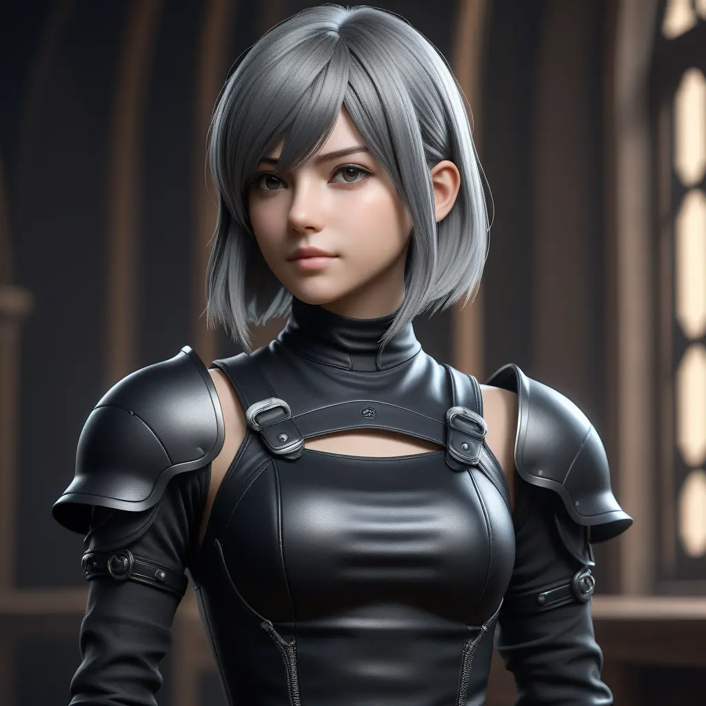 Alluring matte half body portrait of a beautiful A2 from Nier Automata wearing tight black leather, 8k, Highly Detailed, Intricate, Realistic, Sharp Focus, Volumetric Lighting, Fantasy, Elegant by Stanley Artgerm Lau, WLOP