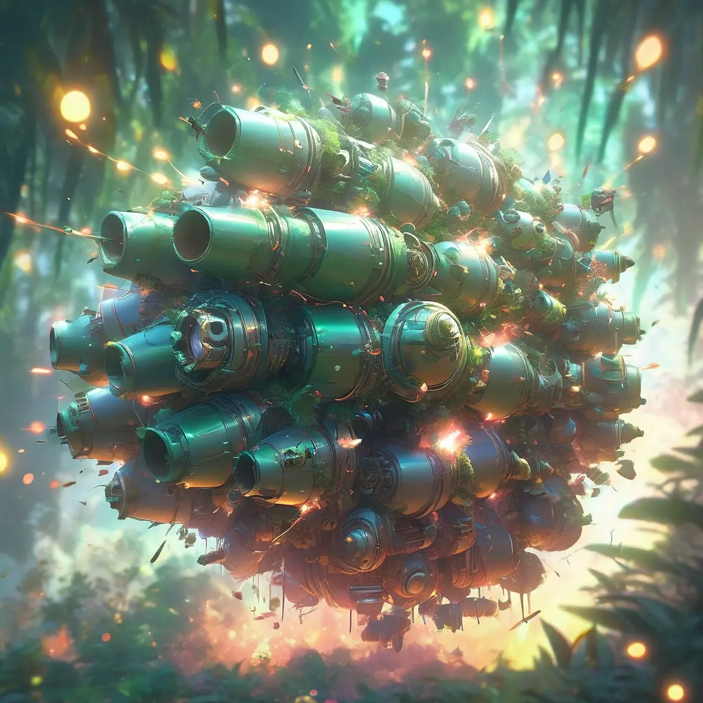 Studio ghibli, rocket explosion, jungle, solar, green technology, optimist future, 8k, Bokeh effect, Cinematic Lighting, Iridescence, Vibrant by Greg Rutkowski, WLOP