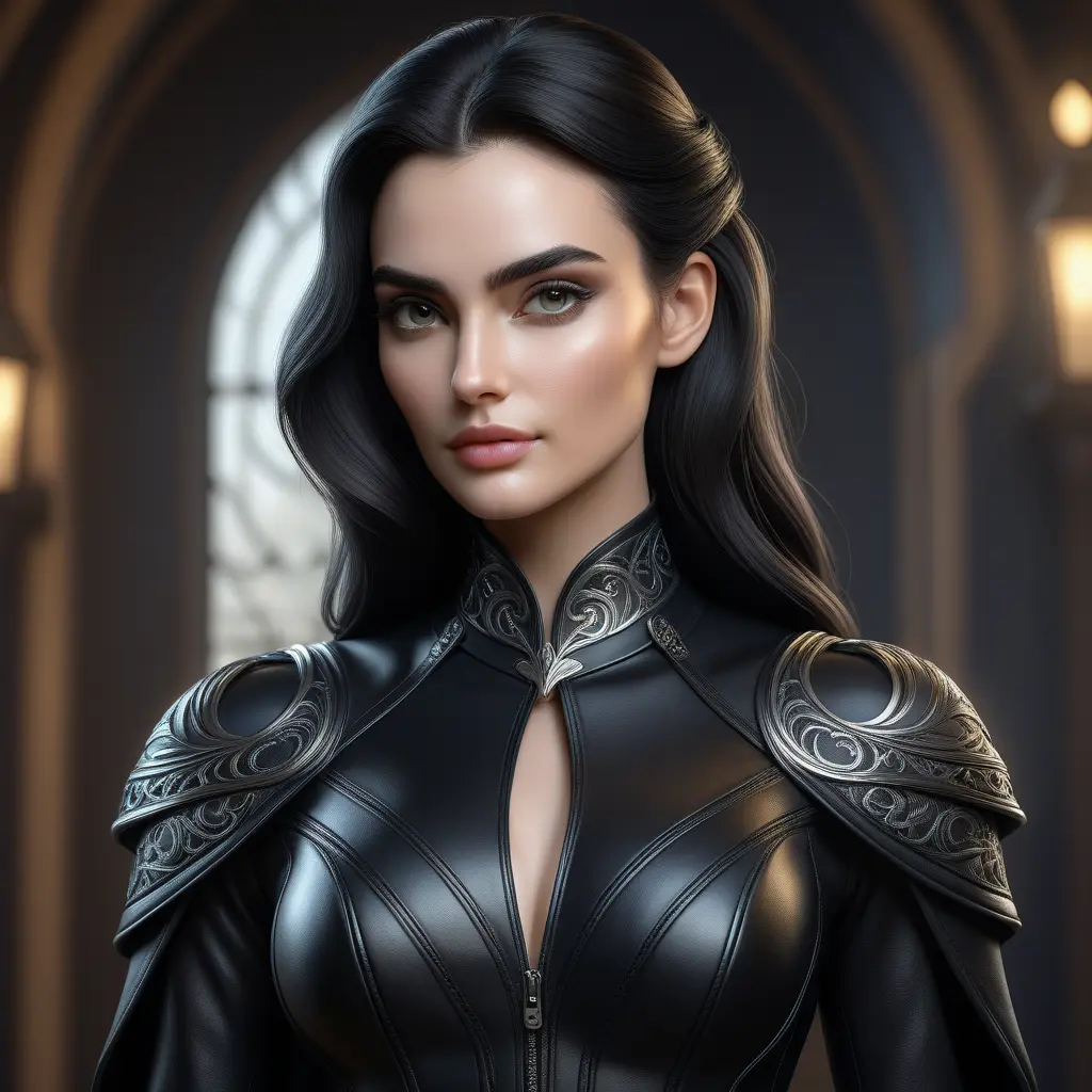 Alluring matte half body portrait of a beautiful Morgana wearing tight black leather, 8k, Highly Detailed, Intricate, Realistic, Sharp Focus, Volumetric Lighting, Fantasy, Elegant by Stanley Artgerm Lau, WLOP