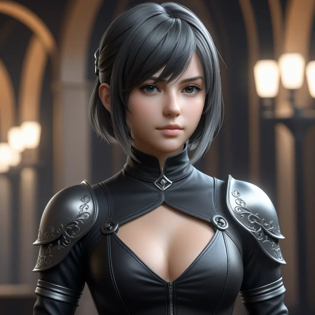 Alluring matte half body portrait of a beautiful A2 from Nier Automata wearing tight black leather, 8k, Highly Detailed, Intricate, Realistic, Sharp Focus, Volumetric Lighting, Fantasy, Elegant by Stanley Artgerm Lau, WLOP