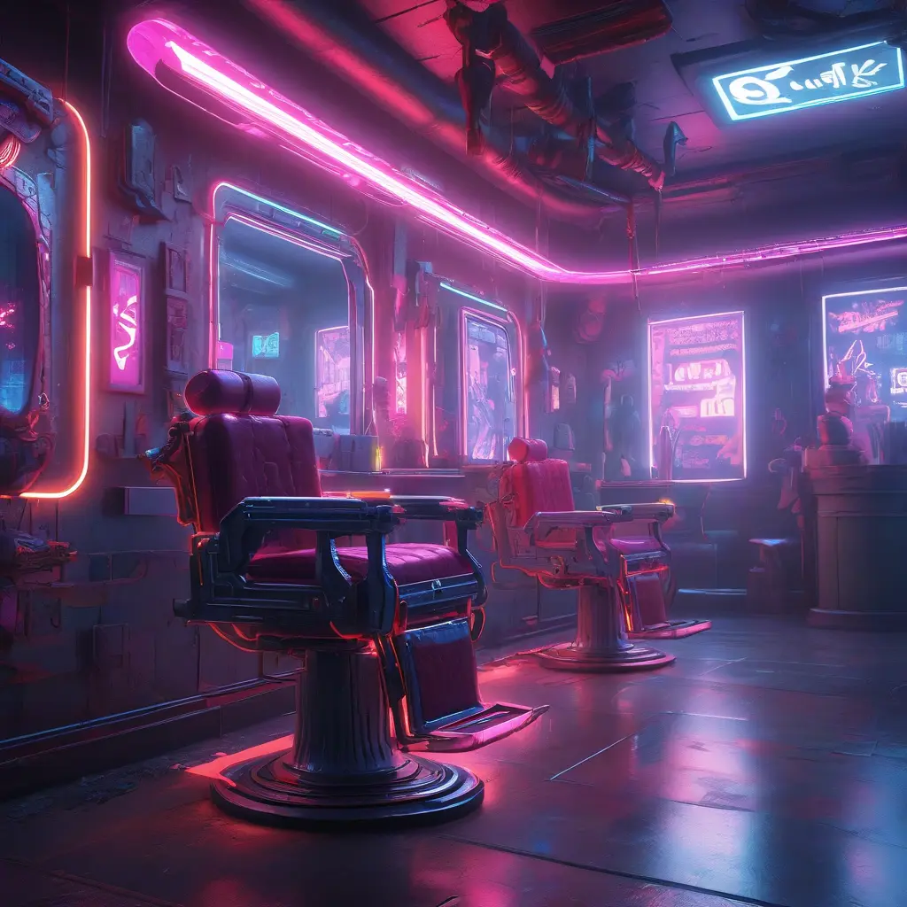 inside of a cyberpunk barber shop, 8k, Dystopian, High Definition, Highly Detailed, Hyper Detailed, Intricate, Intricate Artwork, Intricate Details, Ultra Detailed, Cgsociety, Cybernatic and Sci-Fi, Post-Apocalyptic, Futuristic, Sci-Fi, Science Fiction, Matte Painting, Sharp Focus by Stefan Kostic