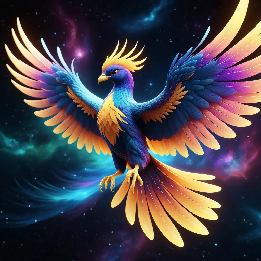 The Nebula Phoenix is a cosmic bird with wings that resemble swirling galaxies. Witness the physics of space and time as it flaps through the digital cosmos, Unreal Engine, Volumetric Lighting, Vibrant Colors