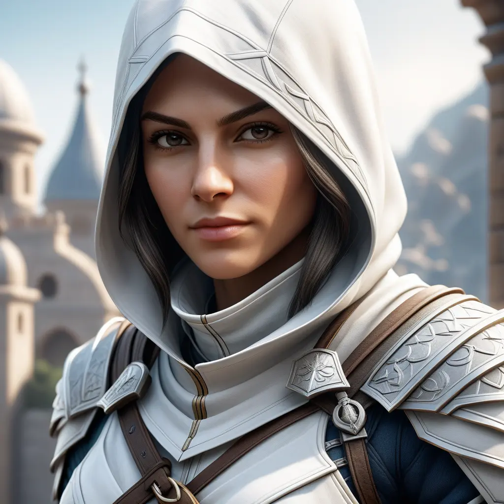 A closeup of a female assassin in white Assassins Creed armor, 8k, Highly Detailed, Artstation, Beautiful, Digital Illustration, Sharp Focus, Unreal Engine, Concept Art