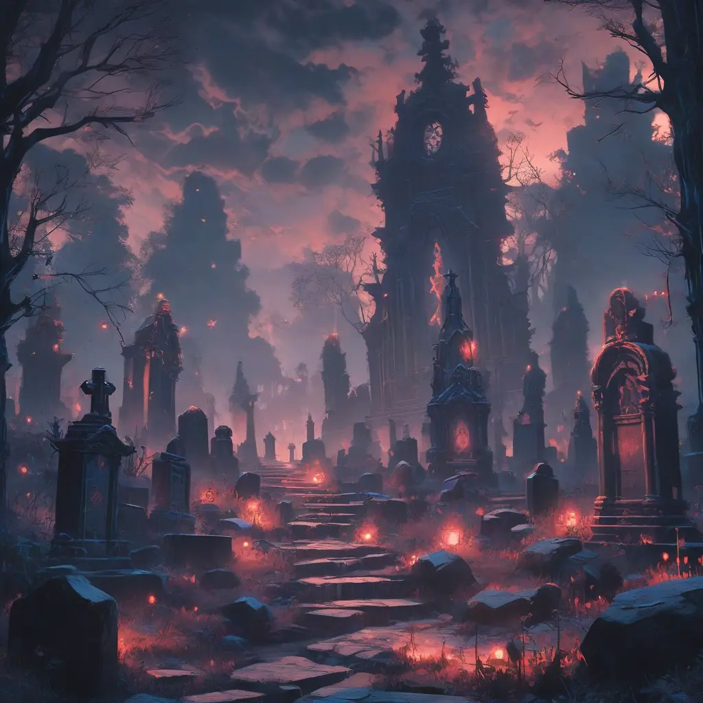 Hyper Detailed illustration of an eerie dystopian graveyard at night, 8k, Gothic and Fantasy, Horror, Epic, Sharp Focus, Deviantart by Alena Aenami, Studio Ghibli