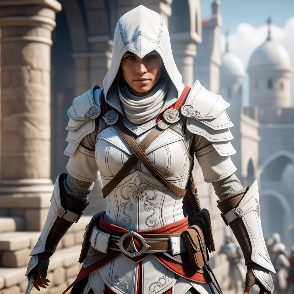 A female assassin in white Assassins Creed armor emerging from battle, 8k, Artstation, Beautiful, Unreal Engine, Volumetric Lighting