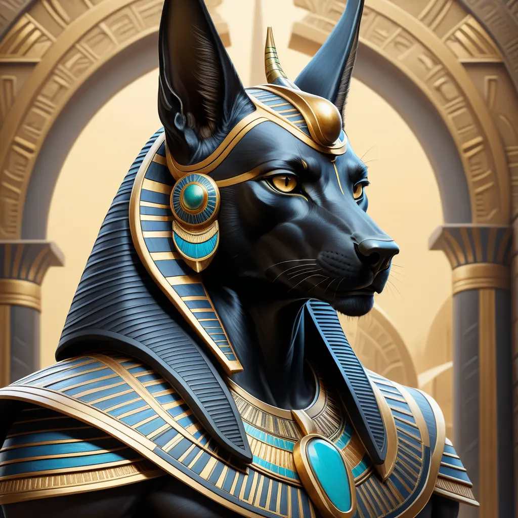 close up fierce looking egyptian god Anubis, 4k, Highly Detailed, Hyper Detailed, Powerful, Artstation, Vintage Illustration, Digital Painting, Sharp Focus, Smooth, Concept Art by Stanley Artgerm Lau, Alphonse Mucha, Greg Rutkowski