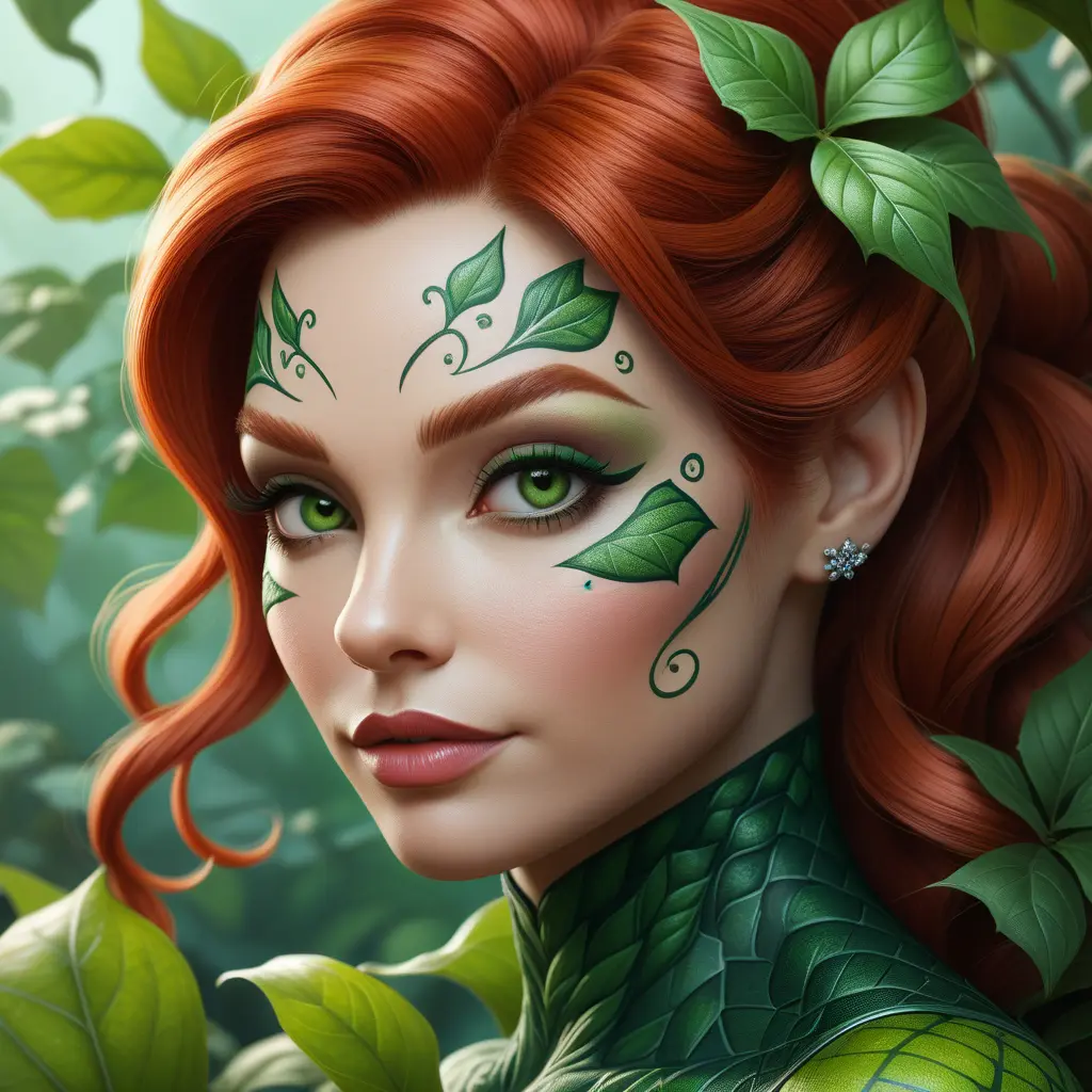 Closeup matte portrait of a tattooed Poison Ivy, 8k, Highly Detailed, Intricate, Artstation, Matte Painting, Sharp Focus, Concept Art by Stanley Artgerm Lau, Greg Rutkowski