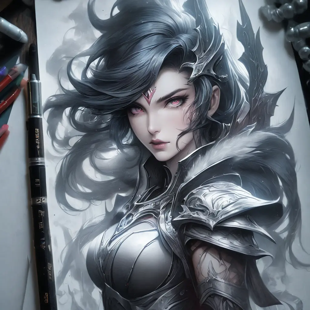 Irelia emerging from the fog of war, Highly Detailed, Ink Art, Fantasy, Dark by Stanley Artgerm Lau