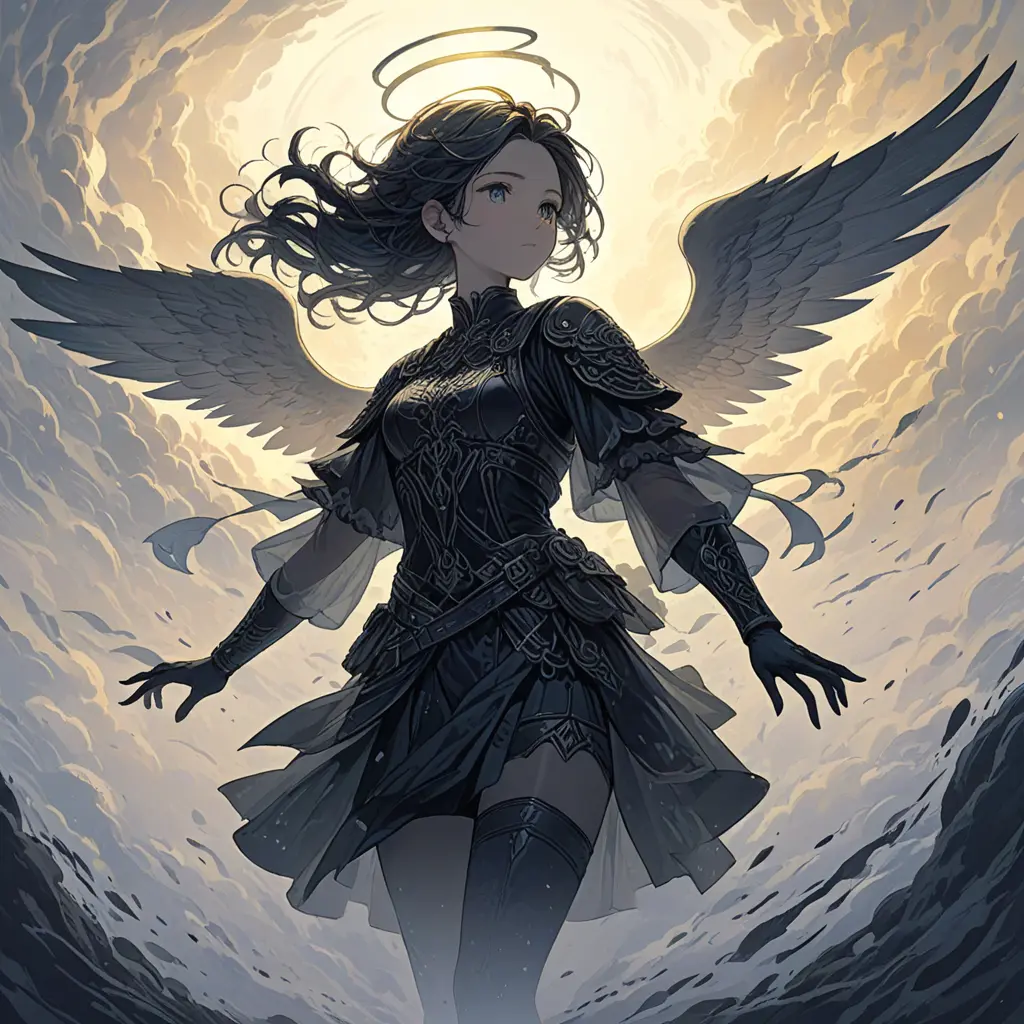 Silhouette of an Angel emerging from the fog of war, ink splash, Highly Detailed, Vibrant Colors, Ink Art, Fantasy, Dark by Stanley Artgerm Lau