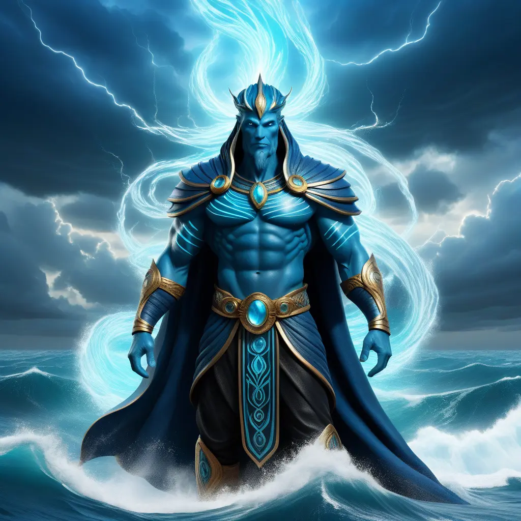 A celestial Blue-skinned God of the Seas, Storms, and Exploring emanating power of the seas, wearing half-leather, shrouded in storms in the style of digital art, 8k, Fantasy