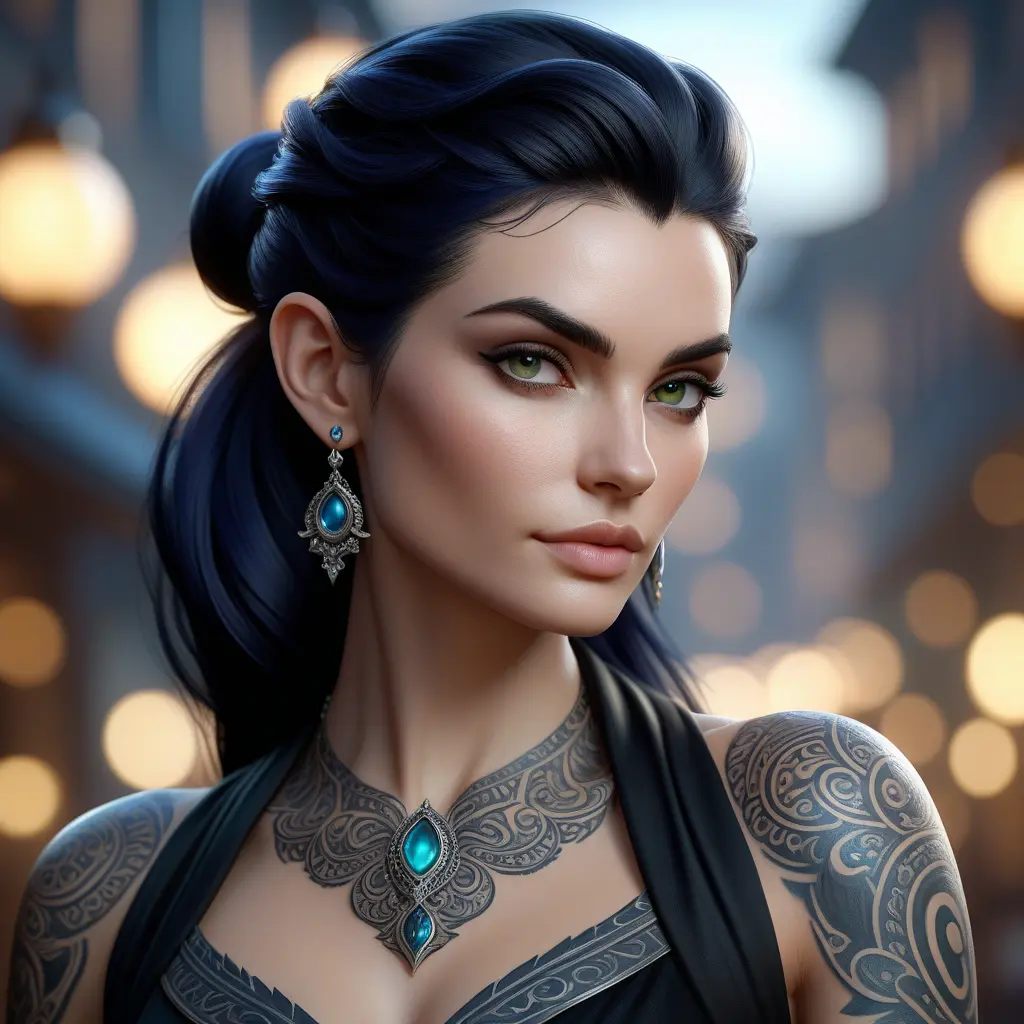 Matte portrait of Morgana with tattoos, 8k, Highly Detailed, Alluring, Artstation, Bokeh effect, Sharp Focus, Volumetric Lighting, Concept Art by Stanley Artgerm Lau, Greg Rutkowski