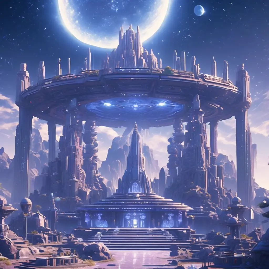 Distant view of a large round indigo temple in the center of a futuristic community. Extraterrestrial landscape. The moon and stars can be seen in the sky even during the day., 8k, Sci-Fi