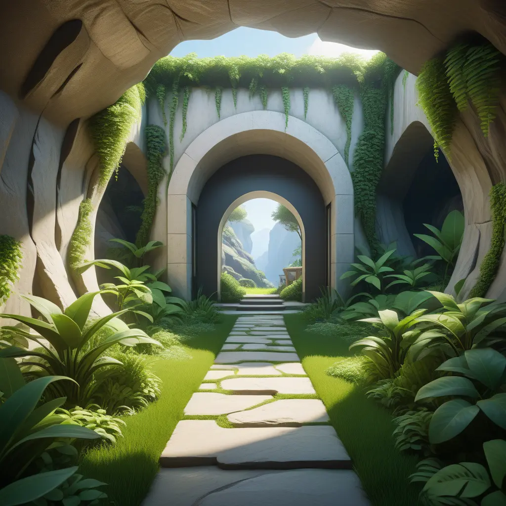 Arc hallway for secret overwatch habitation quarters carved inside a cave surrounding a lush garden, 8k, Trending on Artstation, Minimalism, Unimaginable Beauty, Sharp Focus, 3D Rendering, Unreal Engine, Natural Light, Concept Art, Naturalism