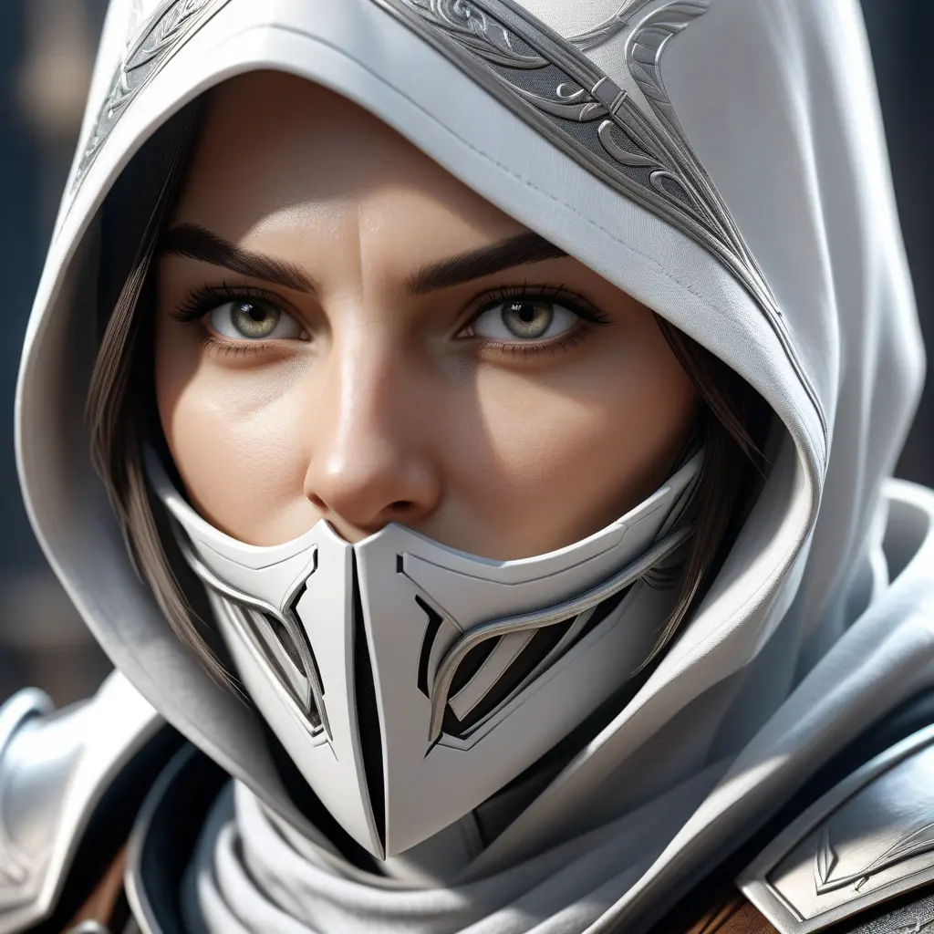 A closeup of a female assassin in white Assassins Creed armor, 8k, Highly Detailed, Artstation, Beautiful, Digital Illustration, Sharp Focus, Unreal Engine, Concept Art