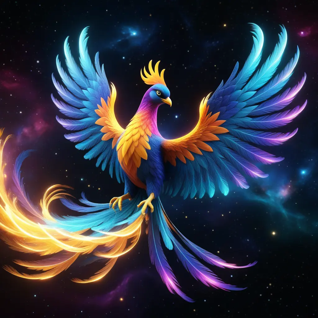 The Nebula Phoenix is a cosmic bird with wings that resemble swirling galaxies. Witness the physics of space and time as it flaps through the digital cosmos, Unreal Engine, Volumetric Lighting, Vibrant Colors