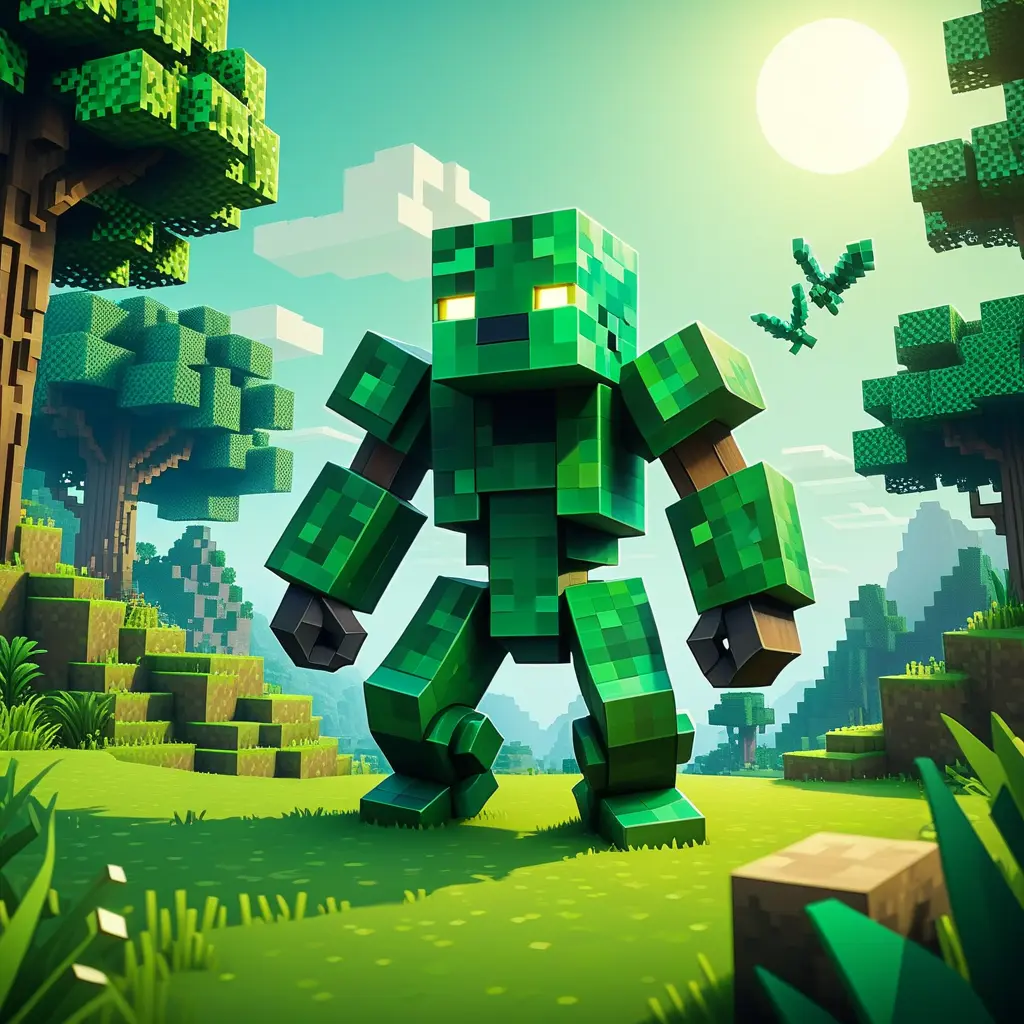 Minecraft  enemy in green setting, 4k, 3D Rendering, Pixel Art by Dan Mumford, Greg Rutkowski, WLOP