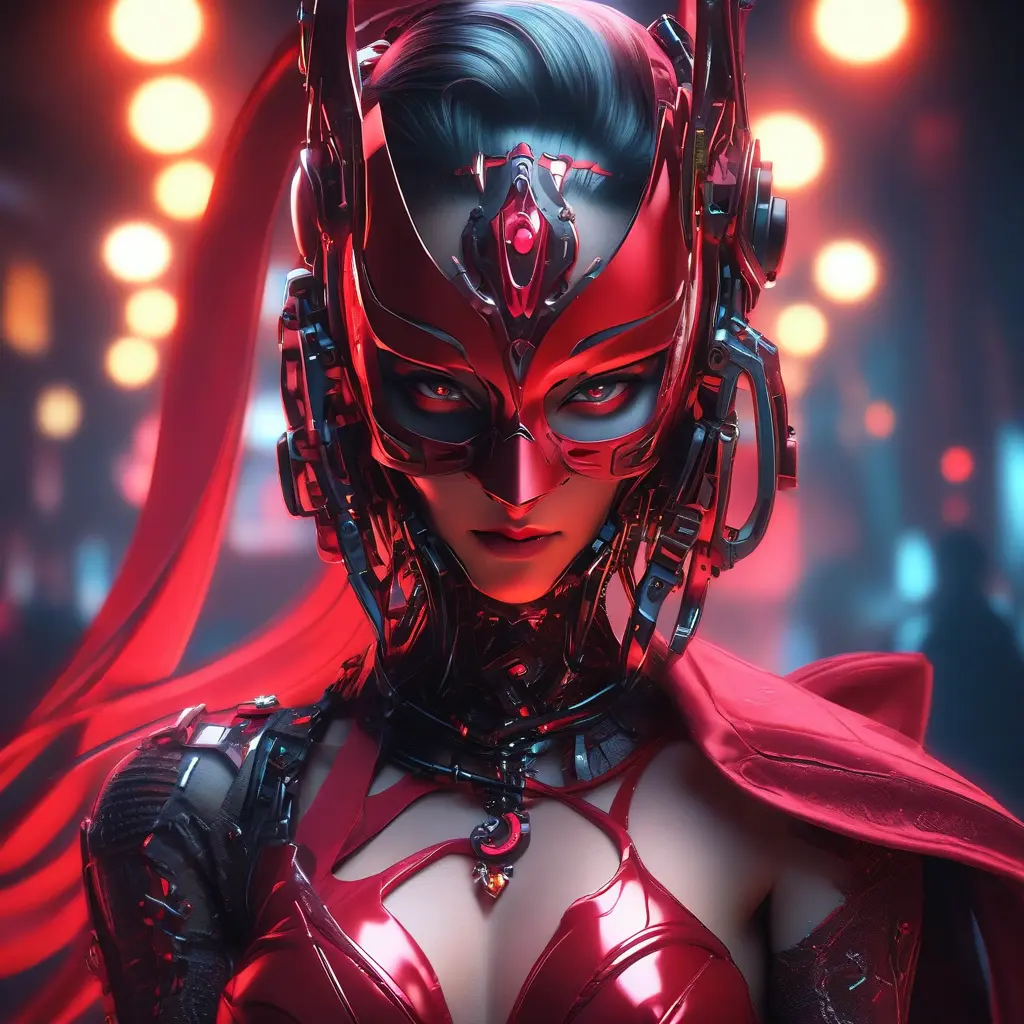 Asian cyberpunk feme fatale in expensive red dress with mask at a masquerade ball smart but dangerous in a high-tech club., Cyberpunk, Photo Realistic