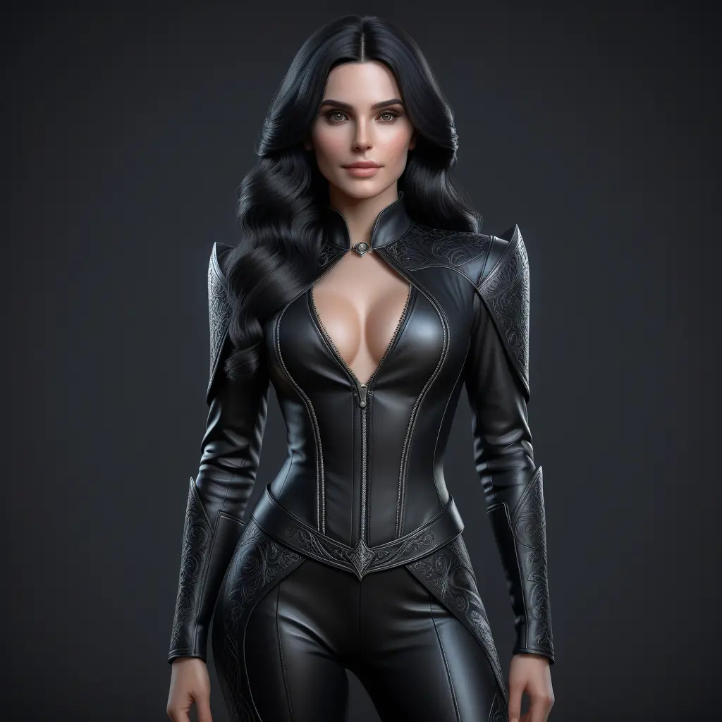 Alluring matte portrait of a beautiful Yennefer wearing a black leather full body suit, 8k, Highly Detailed, Intricate, Realistic, Sharp Focus, Volumetric Lighting, Fantasy, Elegant by Stanley Artgerm Lau, WLOP