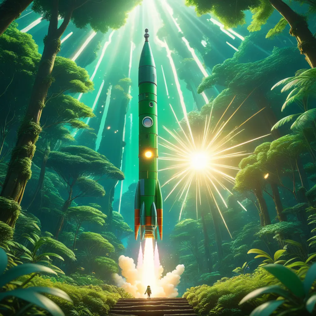 Studio ghibli, rocket explosion, jungle, solar, green technology, optimist future, 8k, Bokeh effect, Cinematic Lighting, Iridescence, Vibrant by Greg Rutkowski, WLOP