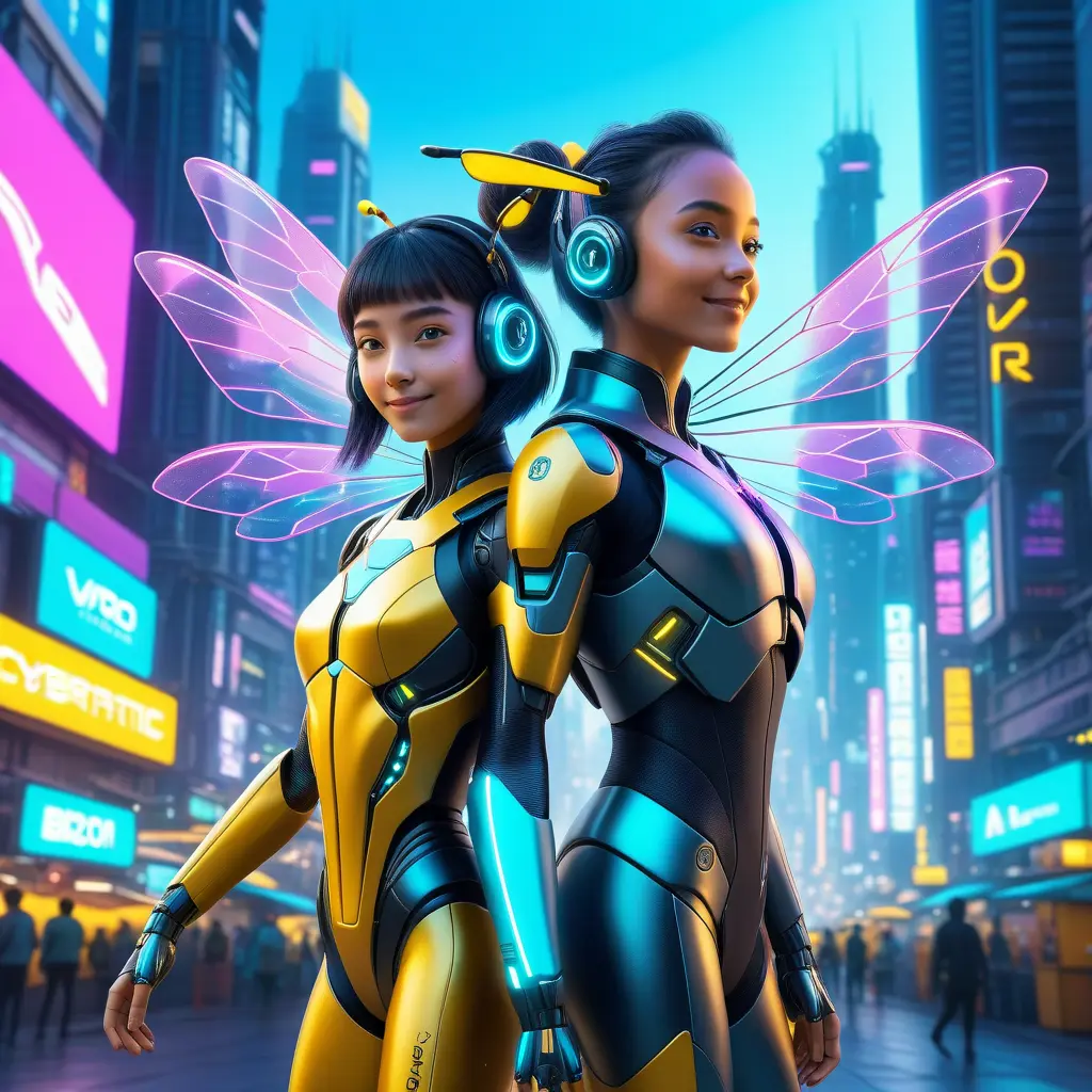 A Cyberpunk half bee and half Human girl with vizor, Cybernatic and Sci-Fi, Cityscape, Bloom light effect, Colorful, Ecstatic, Exciting, Joyful