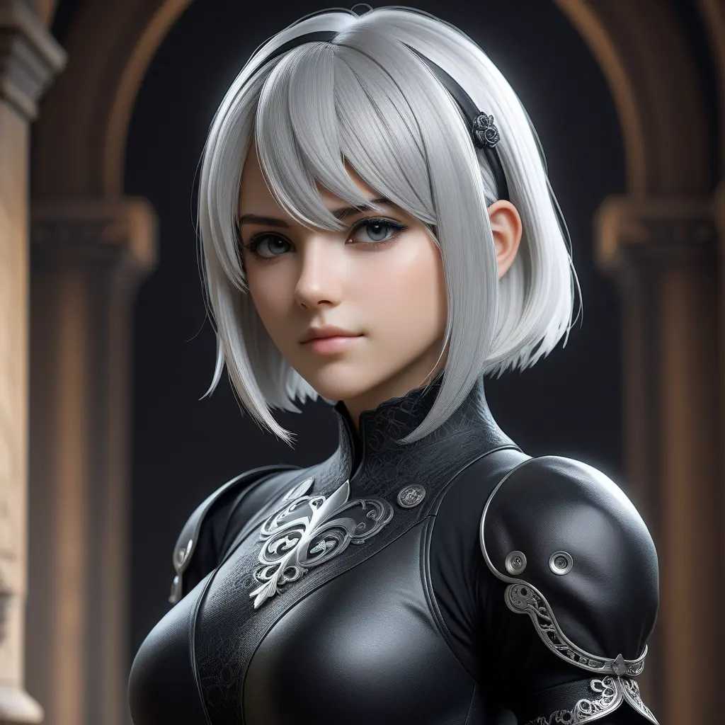 Alluring matte half body portrait of a beautiful 2B from Nier Automata wearing tight black leather, 8k, Highly Detailed, Intricate, Realistic, Sharp Focus, Volumetric Lighting, Fantasy, Elegant by Stanley Artgerm Lau, WLOP