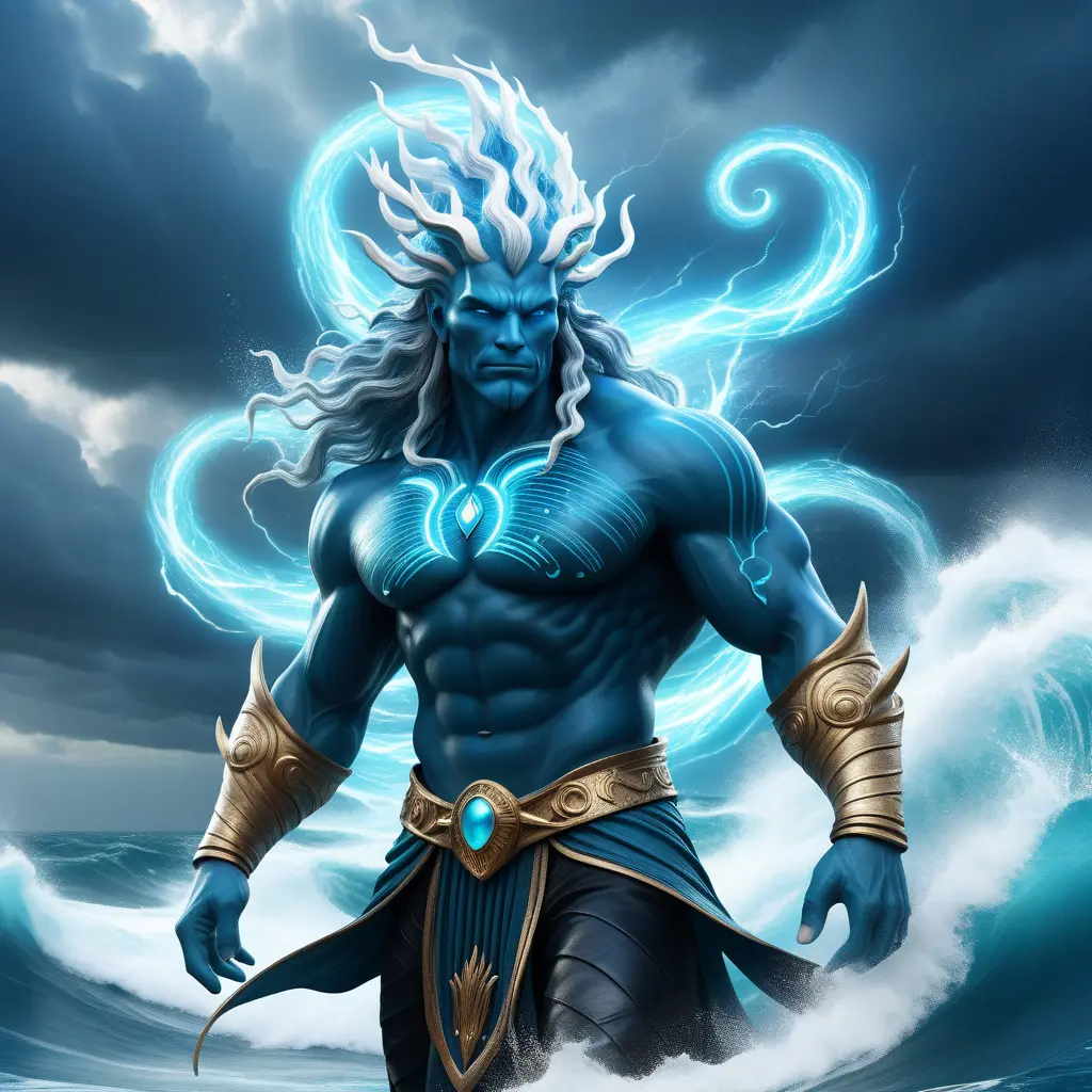 A celestial Blue-skinned God of the Seas, Storms, and Exploring emanating power of the seas, wearing half-leather, shrouded in storms in the style of digital art, 8k, Fantasy