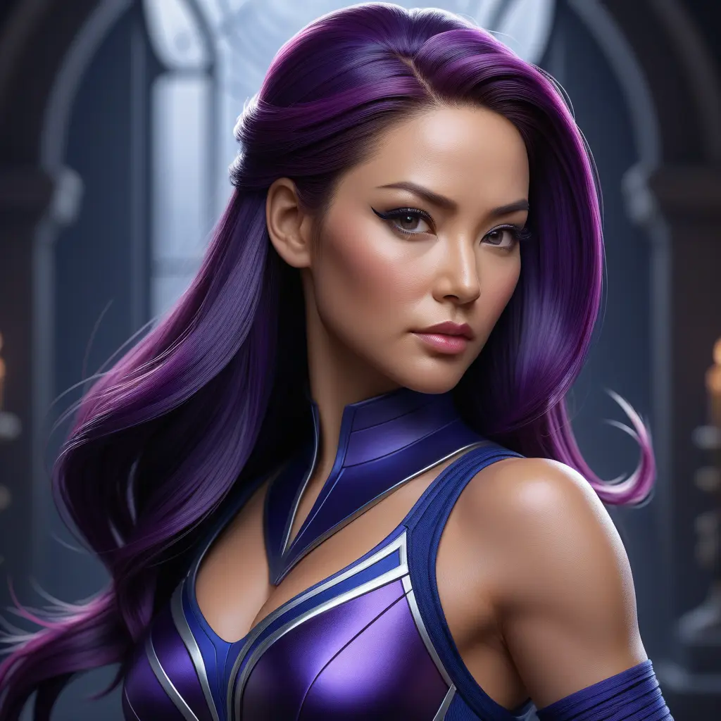 Alluring matte portrait of a beautiful Psylocke from Xmen in the style of Stefan Kostic, 8k, Highly Detailed, Intricate, Half Body, Realistic, Sharp Focus, Volumetric Lighting, Fantasy, Elegant by Stanley Artgerm Lau, Greg Rutkowski