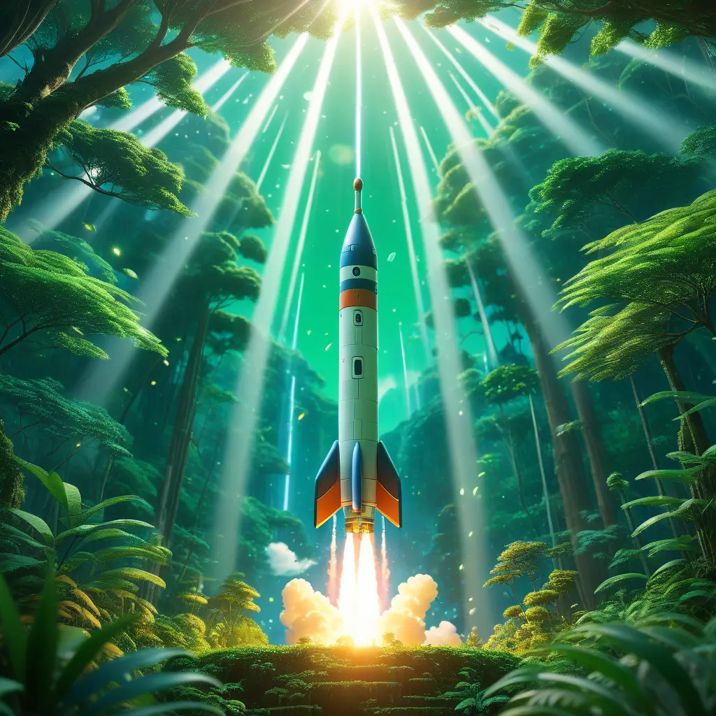 Studio ghibli, rocket explosion, jungle, solar, green technology, optimist future, 8k, Bokeh effect, Cinematic Lighting, Iridescence, Vibrant by Greg Rutkowski, WLOP