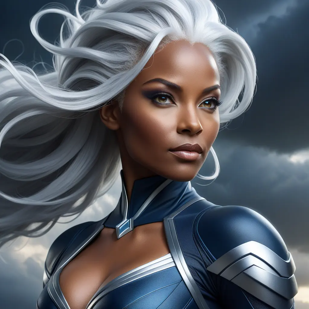 Alluring matte portrait of a beautiful Storm from Xmen in the style of Stefan Kostic, 8k, Highly Detailed, Intricate, Half Body, Realistic, Sharp Focus, Volumetric Lighting, Fantasy, Elegant by Stanley Artgerm Lau, Greg Rutkowski