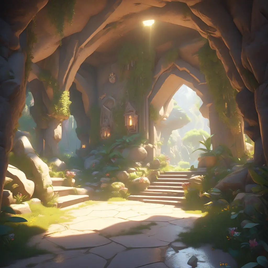 Arc hallway for secret overwatch habitation quarters carved inside a cave surrounding a lush garden, 8k, Trending on Artstation, Minimalism, Unimaginable Beauty, Sharp Focus, 3D Rendering, Unreal Engine, Natural Light, Concept Art, Naturalism